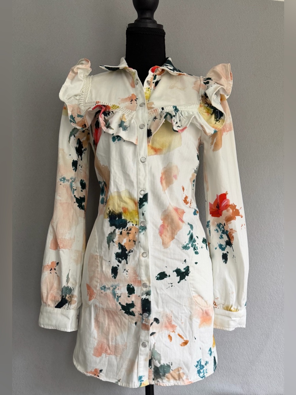 Anthropologie Pilcro Ruffled Floral Mini Shirt Dress XS Women’s Long Sleeve
